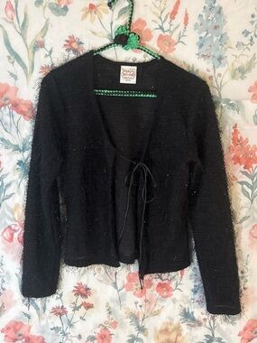 Black Fuzzy Tie-Front Cardigan Sweater